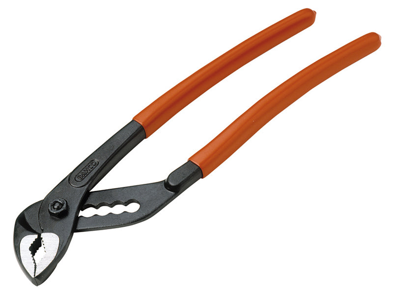 Compact 117mm Bahco slip joint pliers with a polished finish and black PVC handles.