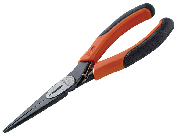 Bahco 140mm Ergo long nose pliers with serrated jaws for gripping in tight spaces.