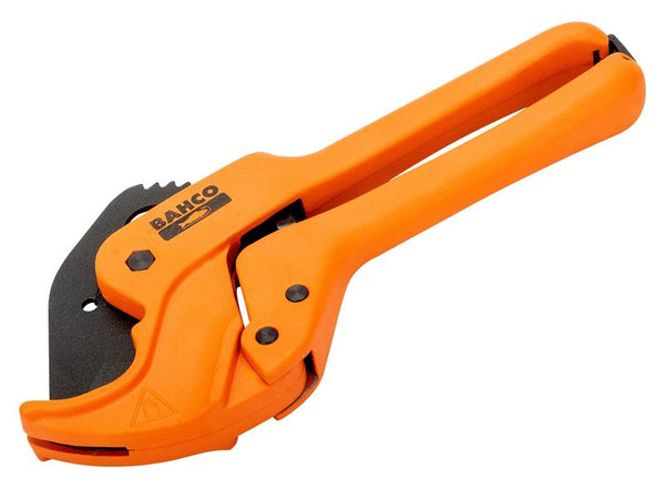 Bahco geared plastic tube cutter's blade and roller mechanism.