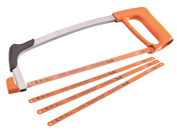 A Bahco 300mm hacksaw with an orange frame, shown with a promotional pack of 3 extra blades.
