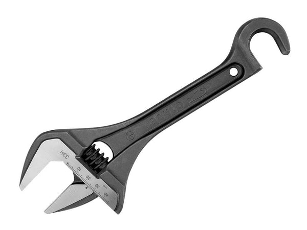 The Bahco 33H Wide Jaw Adjustable Wrench with an integrated hook for versatile use.