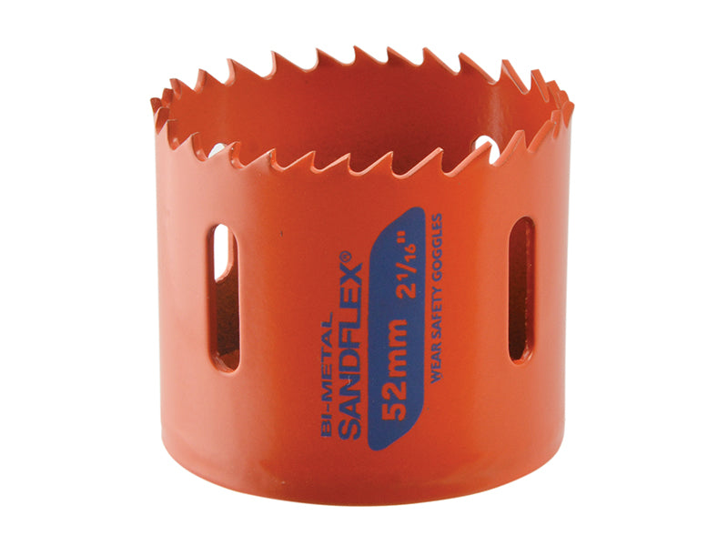 The 52mm Bahco bi-metal holesaw, showing the side slots for core ejection.