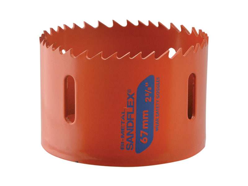 The 67mm Bahco bi-metal holesaw shown on a slight angle to display its features.