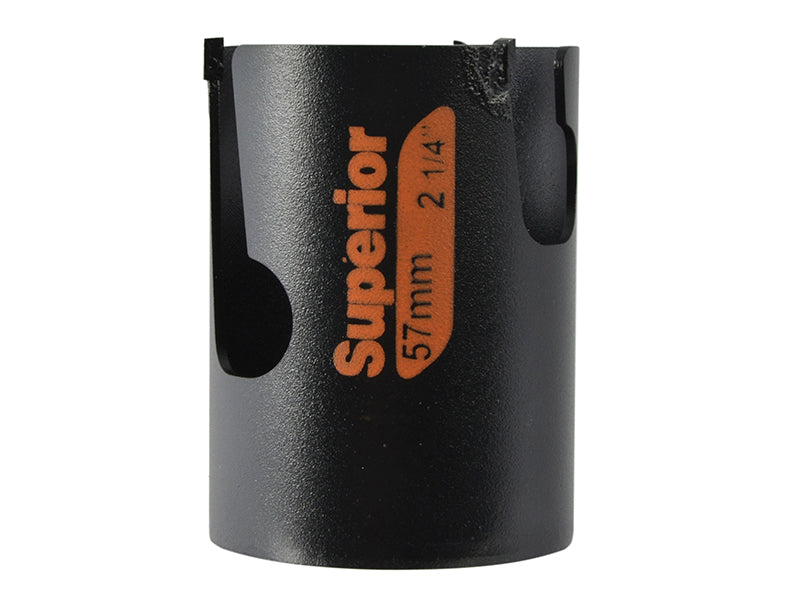Front view of a 57mm Bahco Superior multi-construction holesaw with carbide teeth.