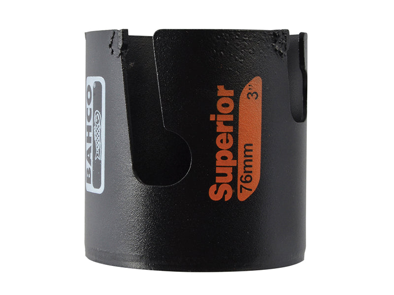 A 76mm Bahco Superior multi-construction holesaw with deep gullets for chip removal.