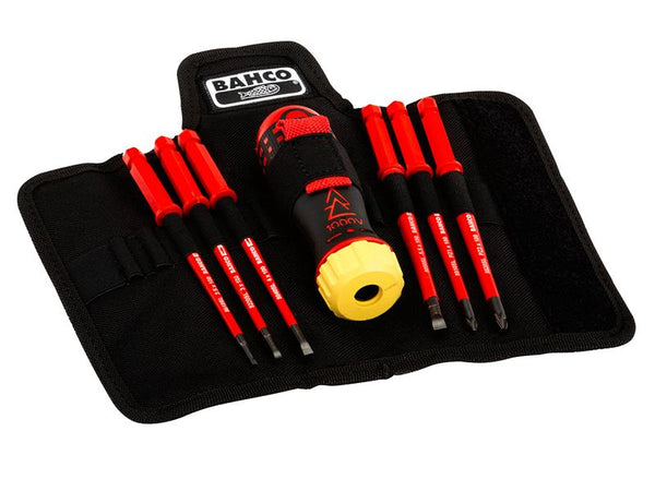 The Bahco insulated ratcheting screwdriver and its six VDE-safe blades, ready for use.