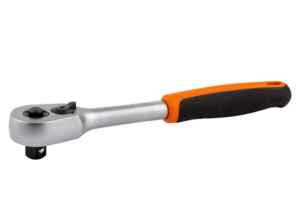 A Bahco 8150QR 1/2-inch drive quick-release reversible ratchet with a comfortable grip.