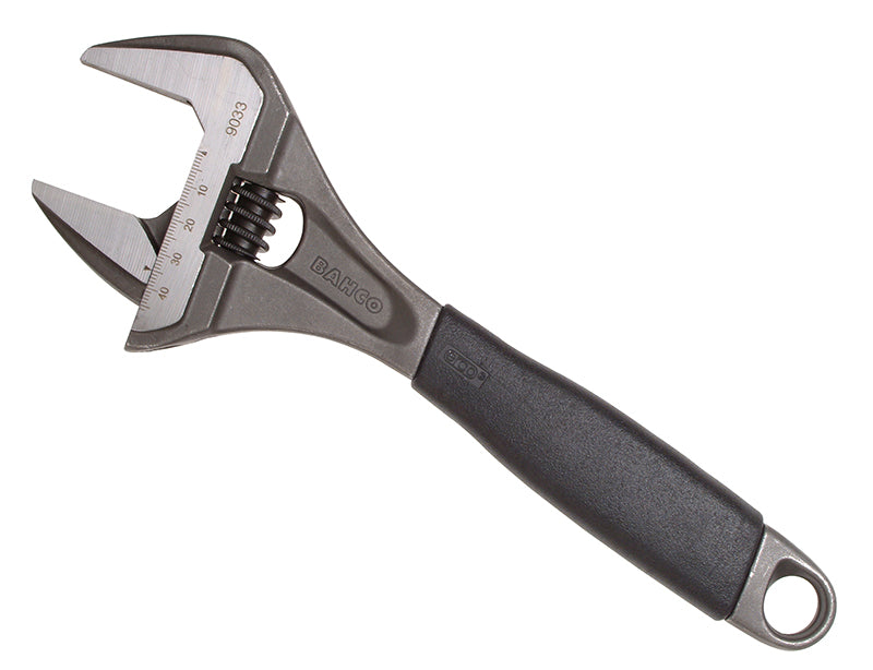 A 250mm Bahco Ergo extra-wide jaw adjustable wrench with a measurement scale on the jaw.