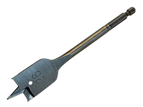 A 26mm Bahco flat bit with a ground tip and cutting edges for rapid wood boring.