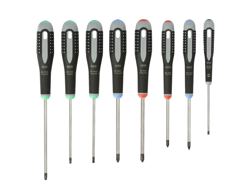 All eight screwdrivers from the Bahco BE-9872 Ergo set are displayed in a row.
