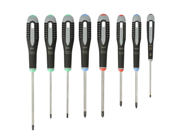All eight screwdrivers from the Bahco BE-9872 Ergo set are displayed in a row.