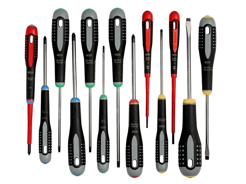 A comprehensive layout of the Bahco BE-9875 13-piece Ergo screwdriver collection.
