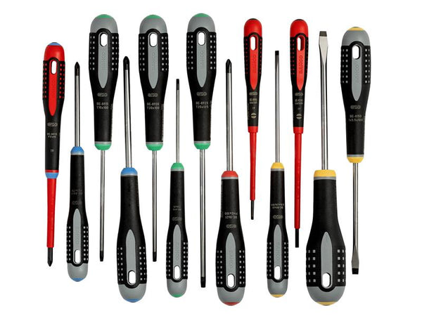 A comprehensive layout of the Bahco BE-9875 13-piece Ergo screwdriver collection.