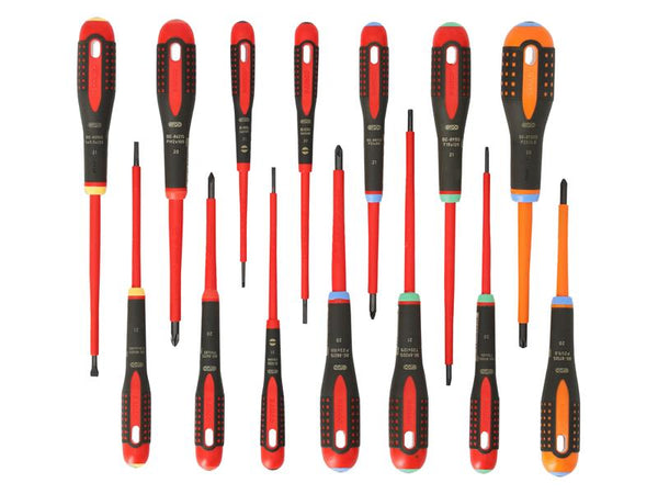 Inside view of the Bahco 14-piece Ergo screwdriver set, showing each tool in its slot.