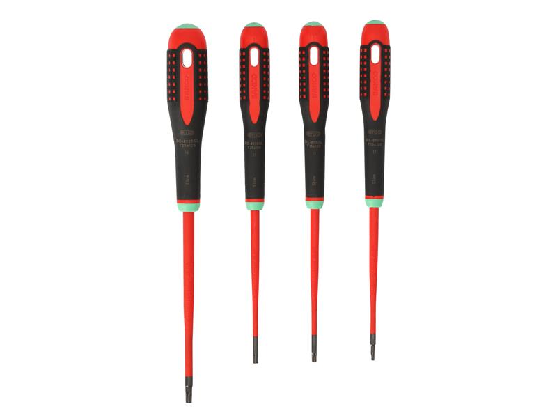 The four VDE screwdrivers from the Bahco Ergo slim set, showing their insulated shafts.