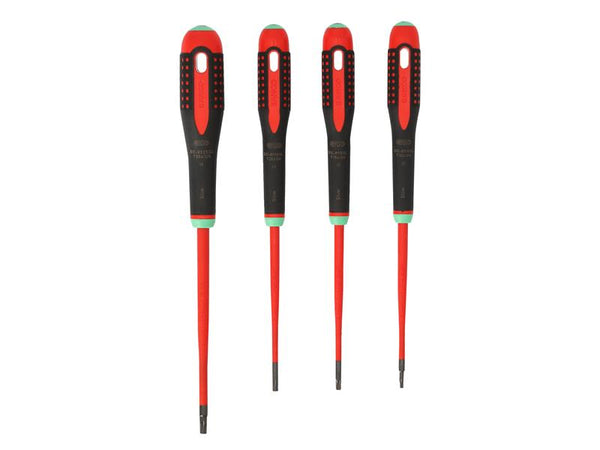 The four VDE screwdrivers from the Bahco Ergo slim set, showing their insulated shafts.