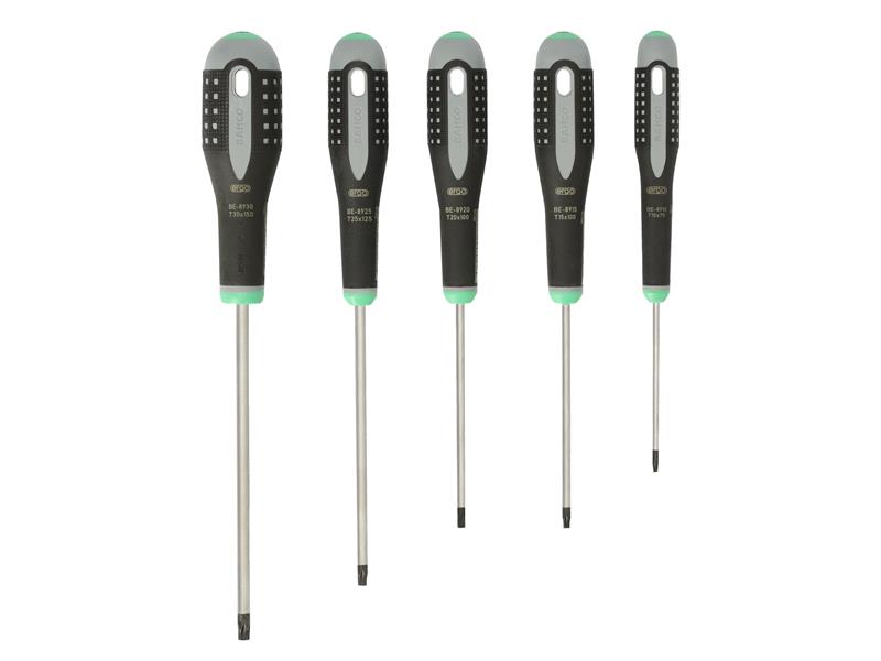 A display of the five screwdrivers included in the Bahco BE-9885 Ergo set.