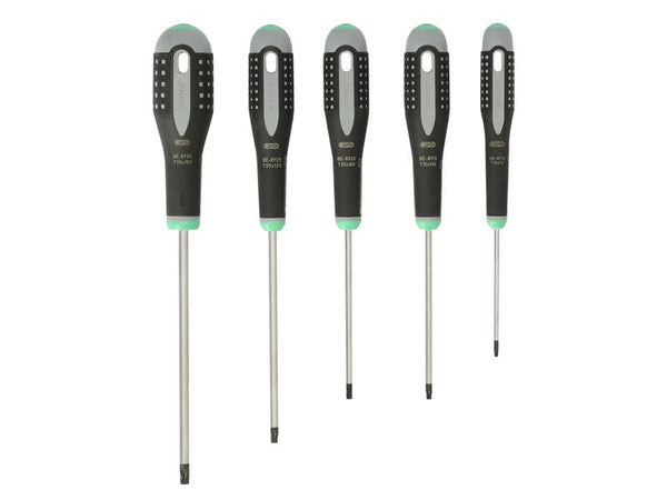 A display of the five screwdrivers included in the Bahco BE-9885 Ergo set.