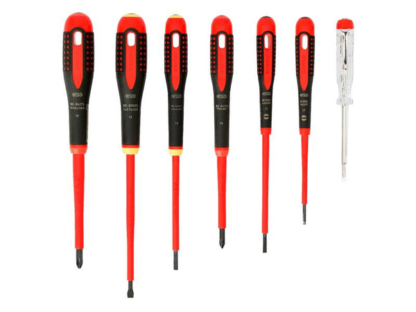 The case for the Bahco Ergo 7-piece VDE set opened to show the screwdrivers inside.