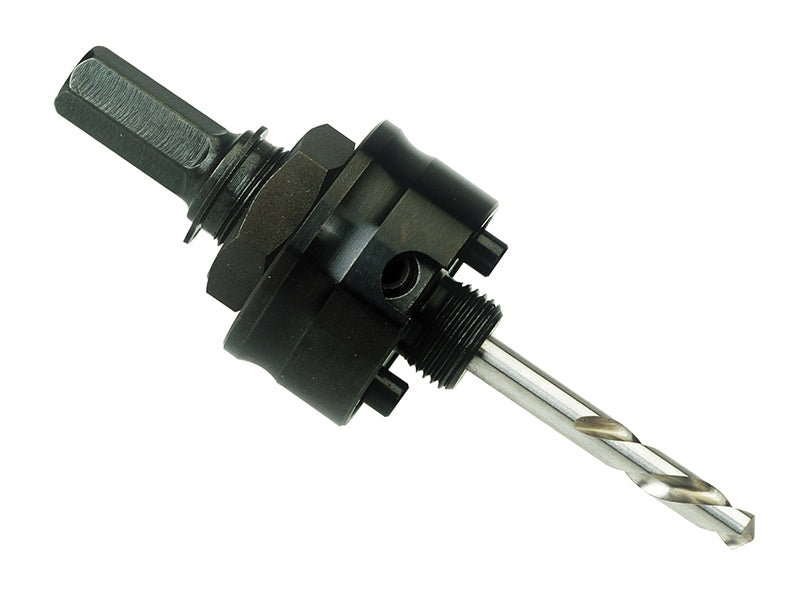 The Bahco quick-change arbor with its HSS pilot drill bit clearly visible.