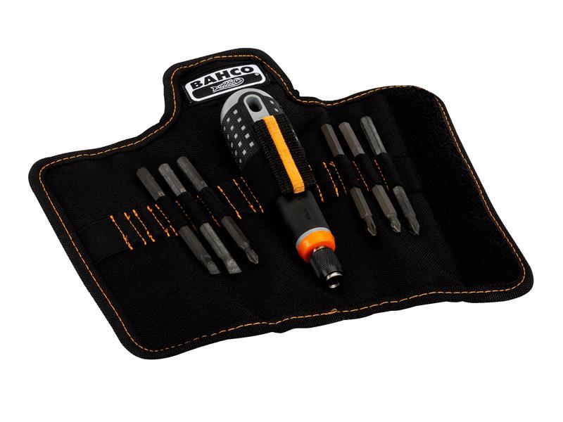 The Bahco Ergo handle with its six interchangeable blades and roll-up storage pouch.