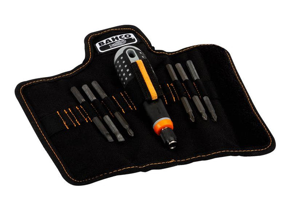 The Bahco Ergo handle with its six interchangeable blades and roll-up storage pouch.