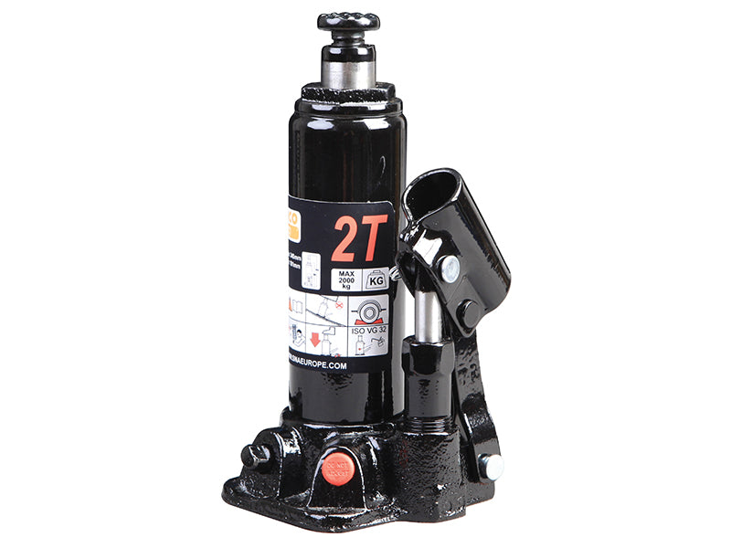 A 2-tonne Bahco bottle jack with a solid blue base and adjustable screw saddle.
