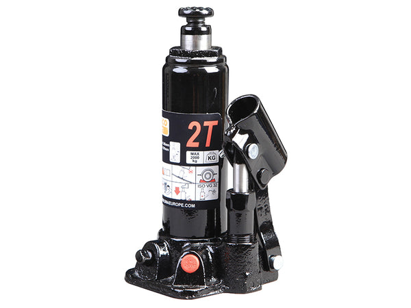 A 2-tonne Bahco bottle jack with a solid blue base and adjustable screw saddle.