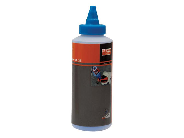 A 227g easy-pour bottle of Bahco high-visibility blue marking chalk for chalk lines.