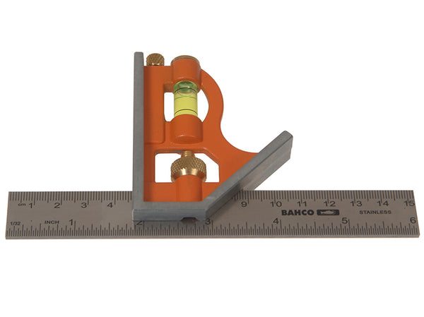Bahco 150mm combination square with a durable cast iron stock and etched steel ruler.