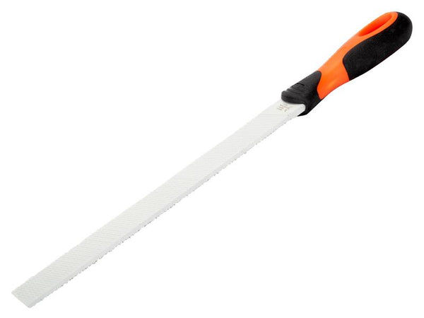 A detailed view of the Bahco Ergo Filemaster's handle and the file's cutting surface.