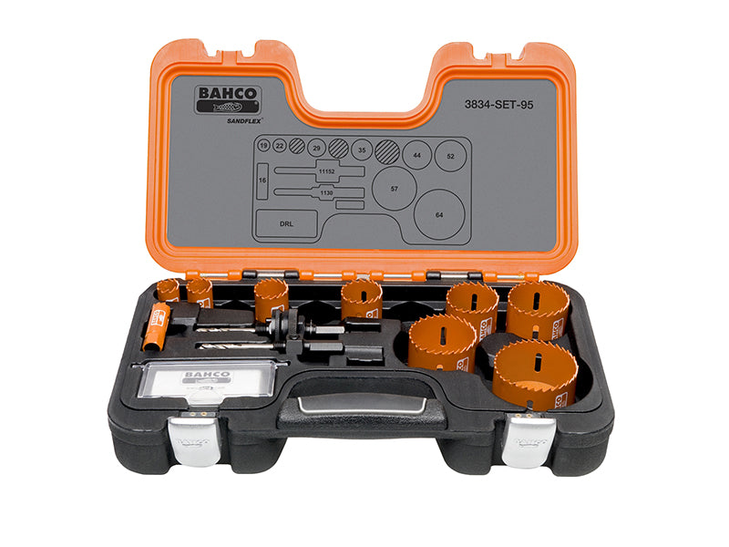 A comprehensive Bahco professional holesaw set with sizes from 16mm to 64mm.