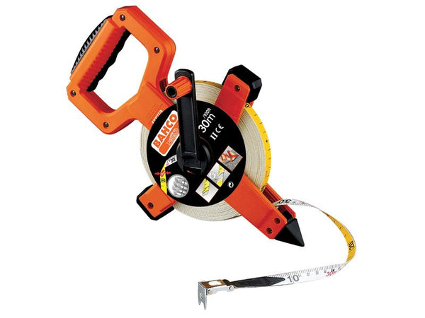 Bahco LTS 100m/330ft open-reel fibreglass tape with an orange and black ergonomic case.