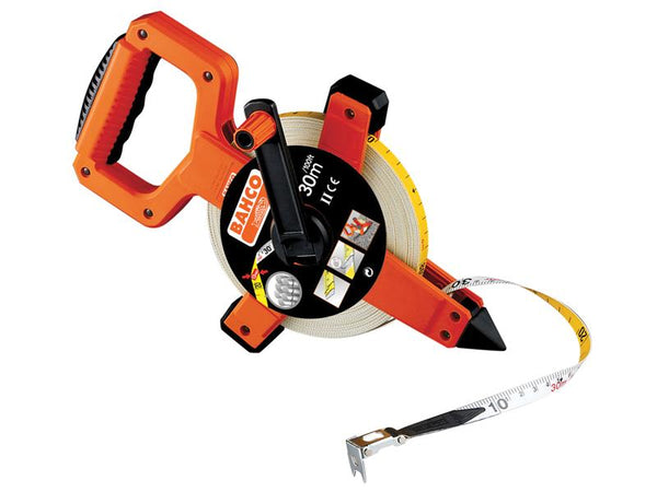 A compact 30m Bahco LTS open-reel fibreglass tape measure with a folding crank handle.