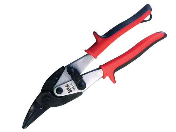 Bahco MA401 red-handled aviation compound snips for making left cuts in sheet metal.