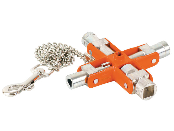 A versatile Bahco MK9 9-in-1 switch cabinet master key with multiple key profiles.