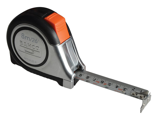 A Bahco MTS 8m/26ft pocket tape measure with its wider 25mm blade partially extended.
