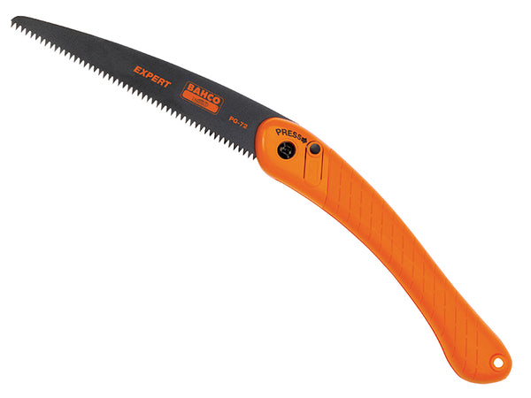 Bahco PG-72 Folding Pruning Saw with a 190mm curved blade locked in the open position.