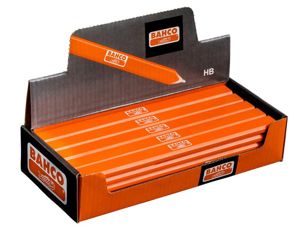 Angled view of the box of 25 Bahco P-HB carpenter's pencils with branding visible.