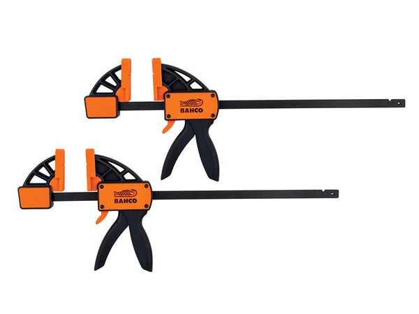 Bahco High-Resistance Quick Clamp twin pack, 150mm capacity, with black and orange design.