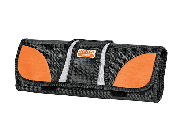 The Bahco 4750-ROCO-1 Tool Roll, unrolled to show its multiple pockets and black fabric.