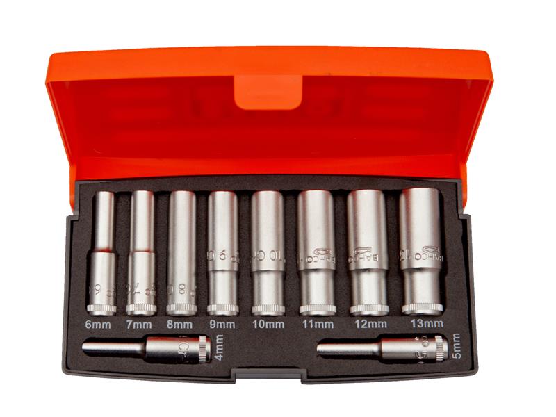 All ten pieces of the Bahco 1/4-inch drive deep socket set arranged on their storage rail.