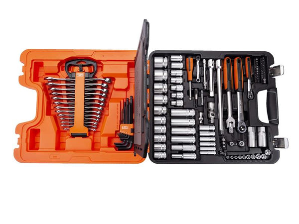 Bahco S103 103-piece 1/4-inch and 1/2-inch drive socket and spanner set in a carry case.