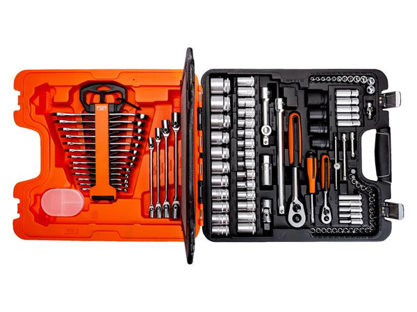 The fully opened case of the Bahco S108 108-piece tool set, showing its contents.