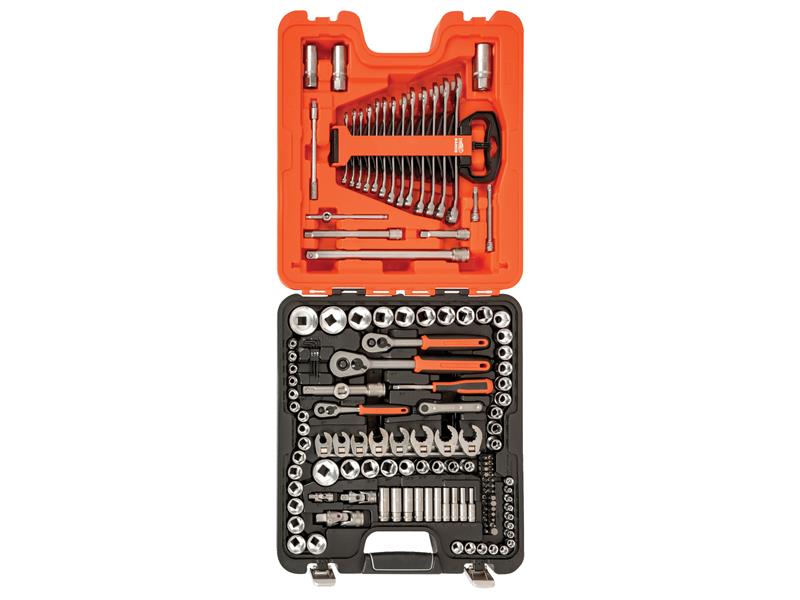 The extensive Bahco S138 138-piece socket set laid out in its open carrying case.