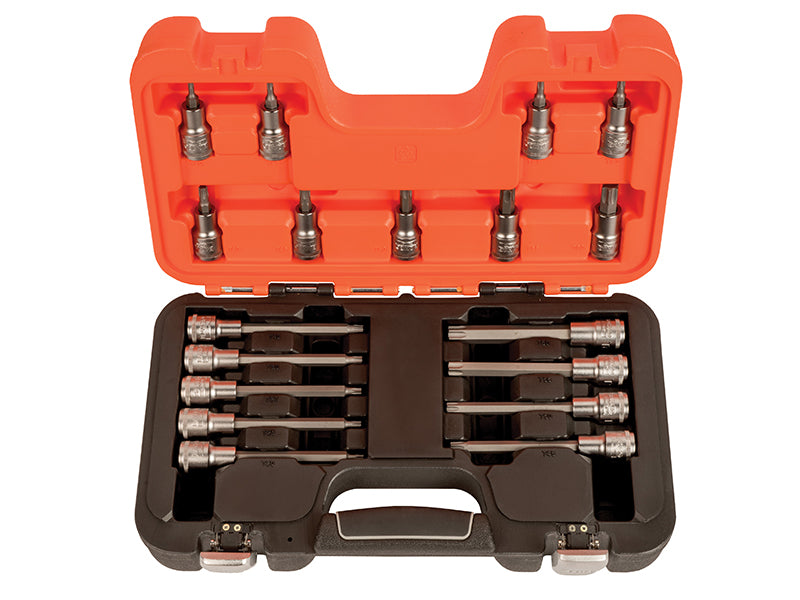 An 18-piece Bahco S18TORX 1/2-inch drive Torx bit socket set on a metal storage rail.