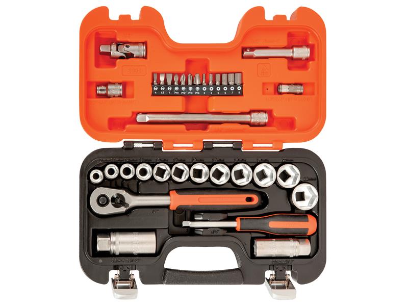 The Bahco S330 34-piece socket set displayed neatly within its open carrying case.