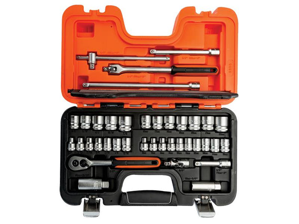 Inside view of the Bahco S380 38-piece socket set in its signature orange case.
