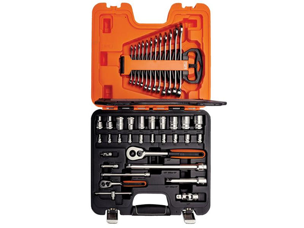 An overhead shot of the organized Bahco S410 41-piece set in its open case.