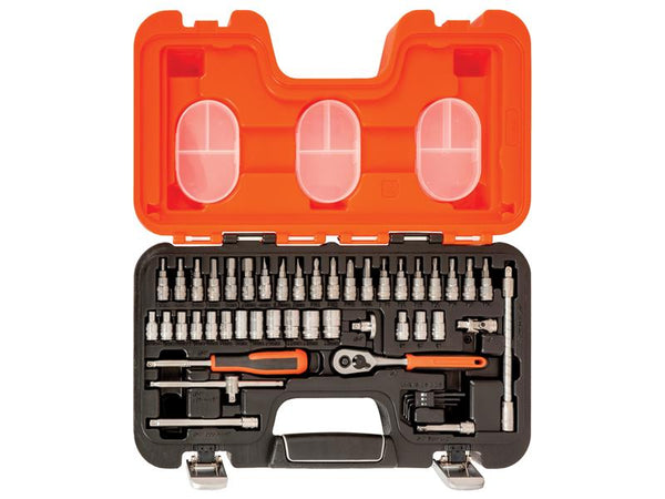 The Bahco S460 46-piece set, open to show the extensive range of bits and sockets.
